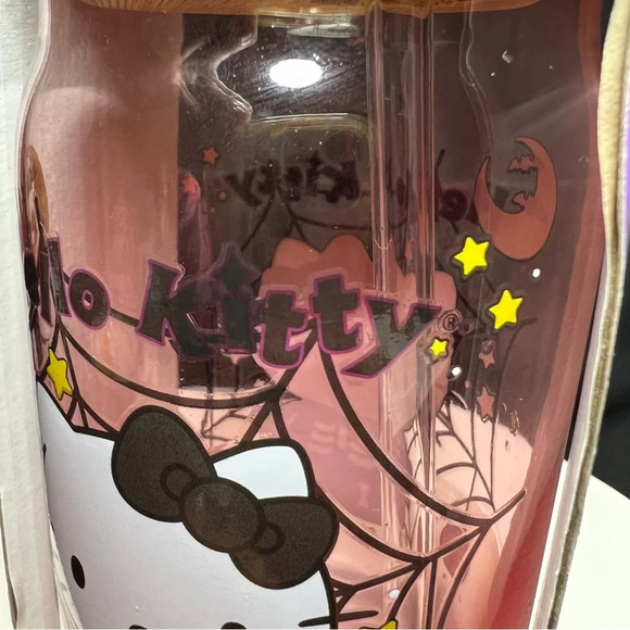 Sanrio Hello Kitty Pink Halloween Skeleton Spiderweb Glass Tumbler w/Bamboo Lid - Picture 10 of 10
